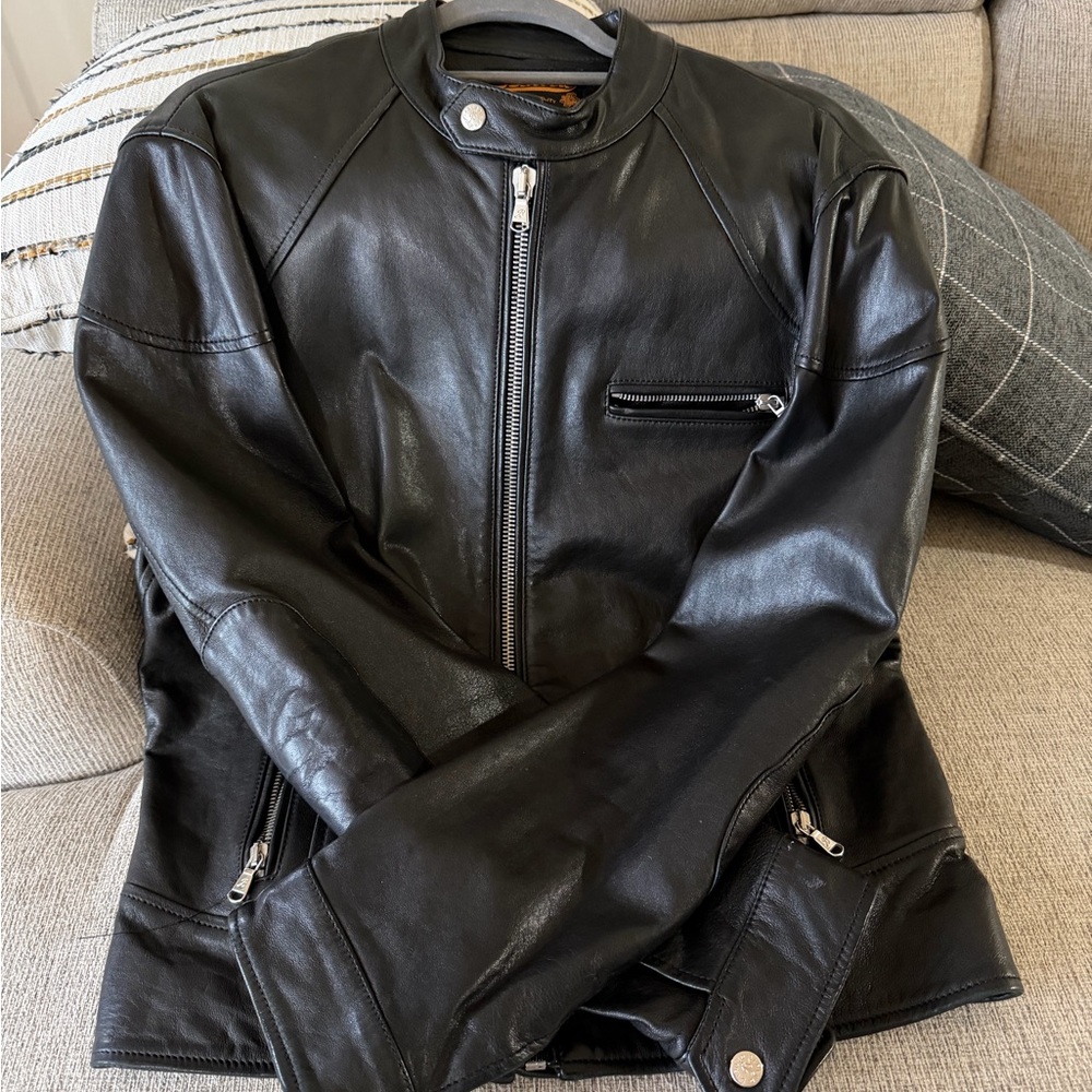 Black Leather Jacket with Zipper Details